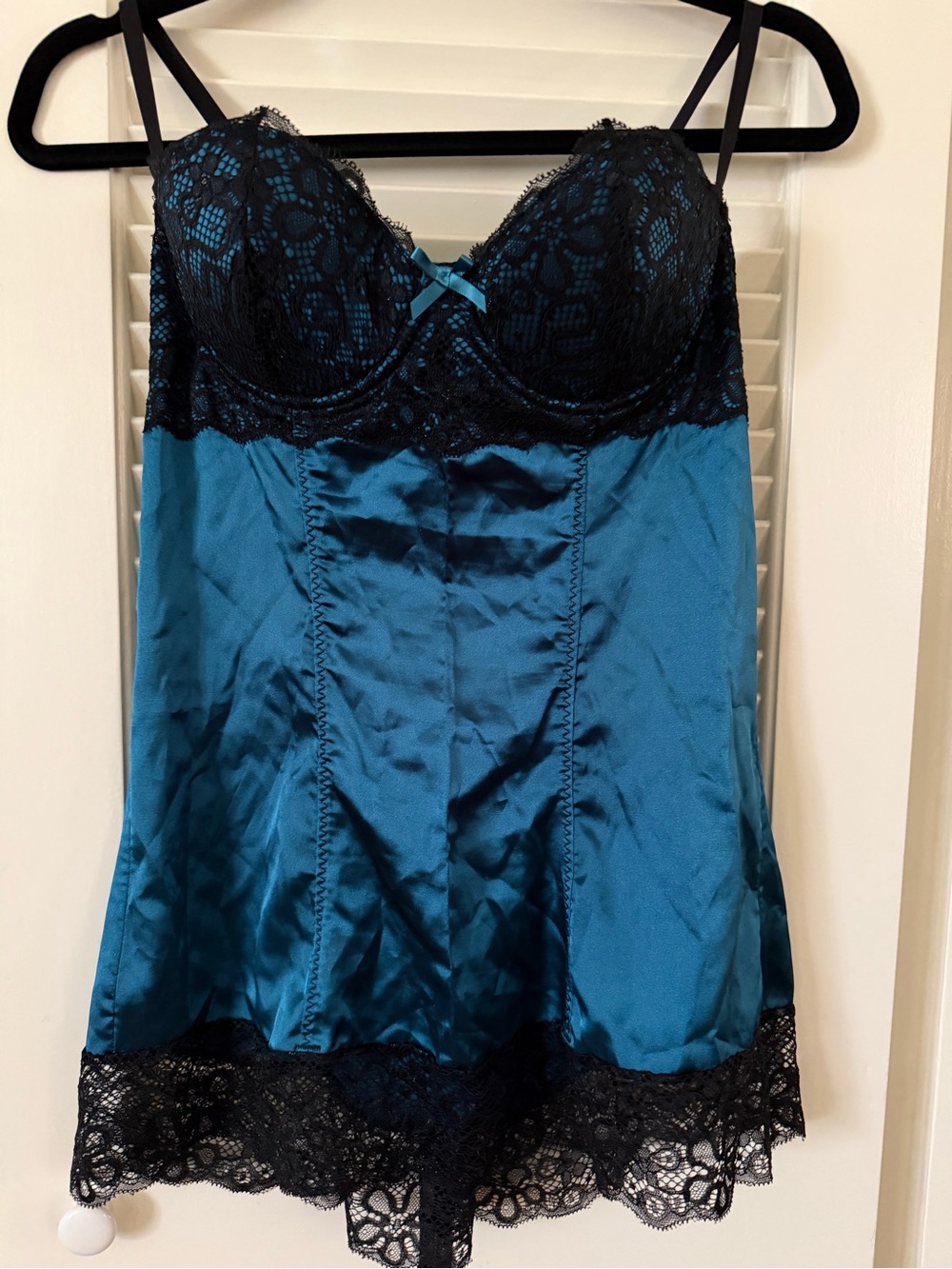 Frederick's of Hollywood Teal Satin Chemise with Black Lace